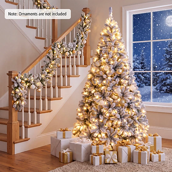 LJG Pre-Lit Premium Snow Flocked Hinged Artificial Christmas Tree