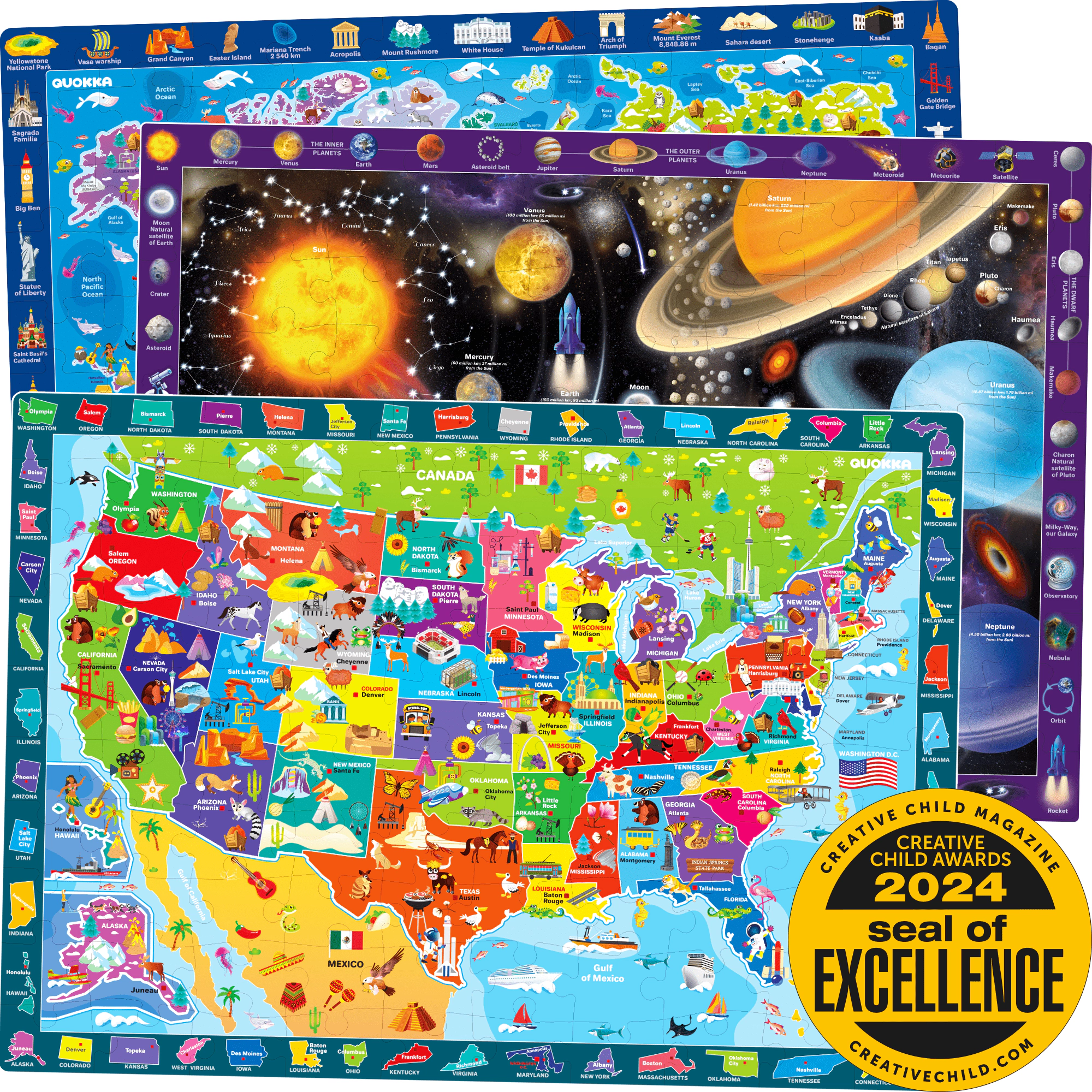 QUOKKA Educational Puzzle Set, USA Map, World Map & Solar System Jigsaw Puzzles, 100, 300 500 Piece, Ages 4+
