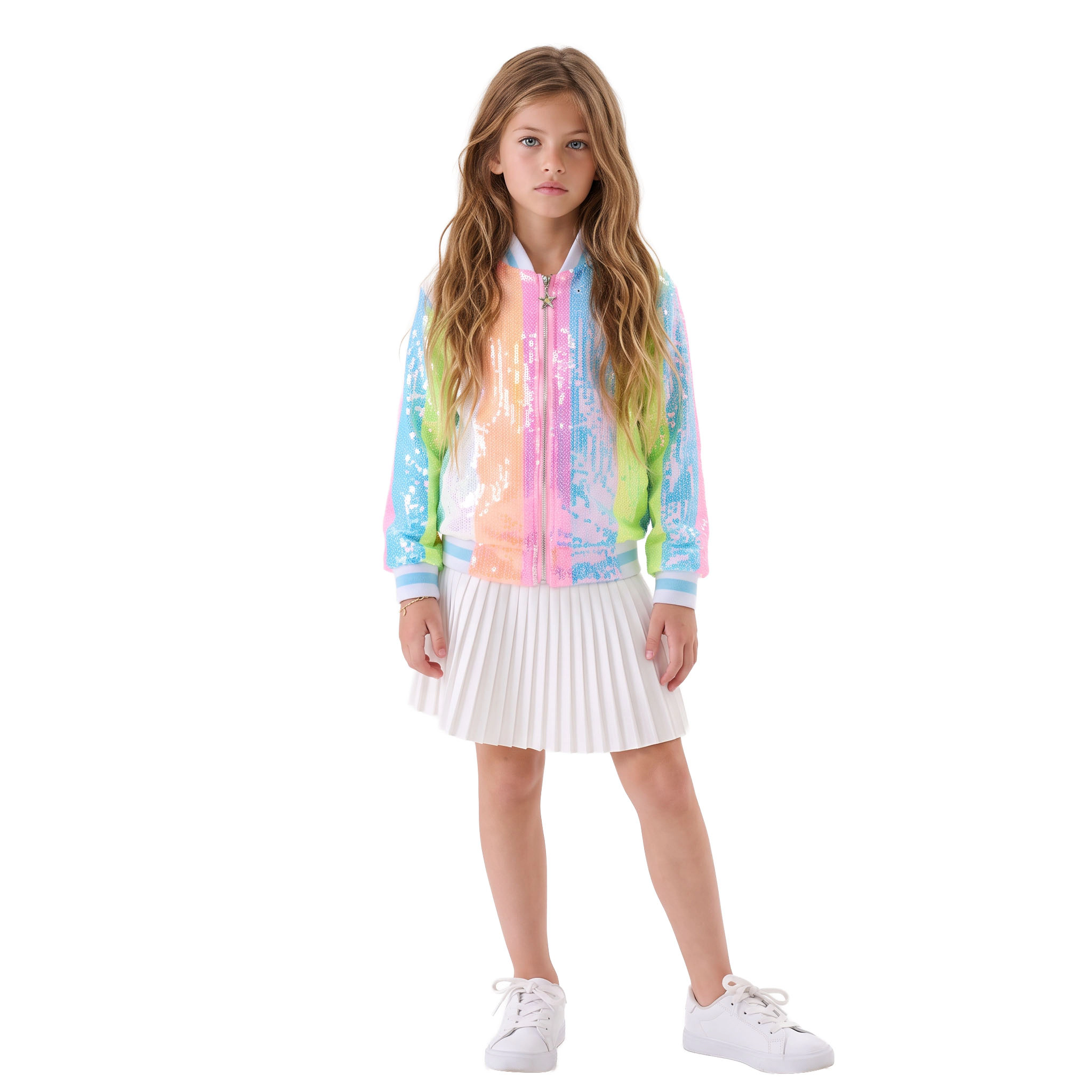 2Bunnies Girls’ Neon Pastel Stripe Sequin Bomber Jacket