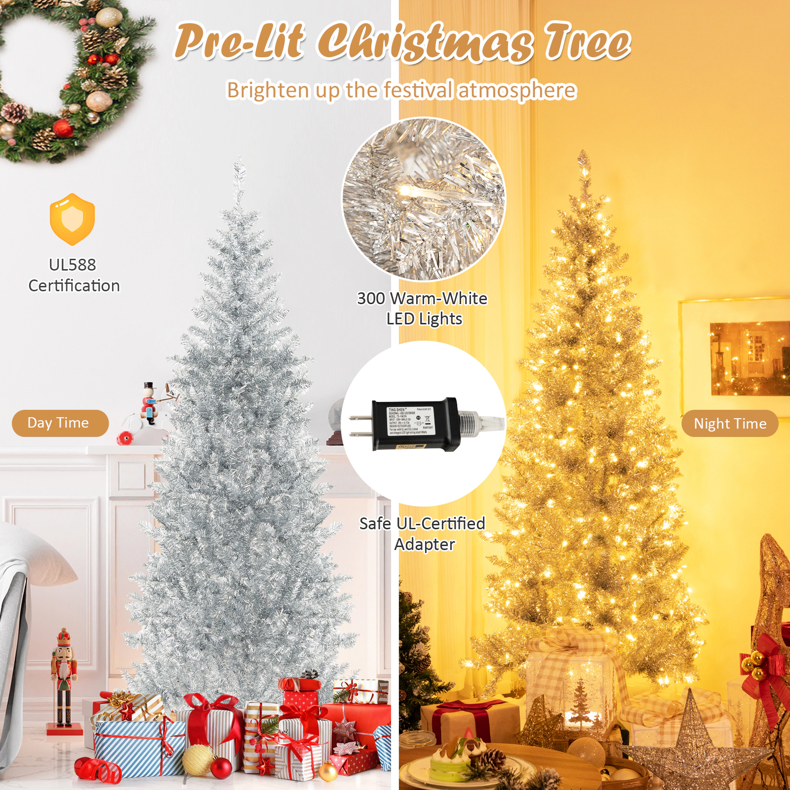 SlickBlue Pre-Lit Silver Christmas Tree with Hinged Branches and Metal Stand