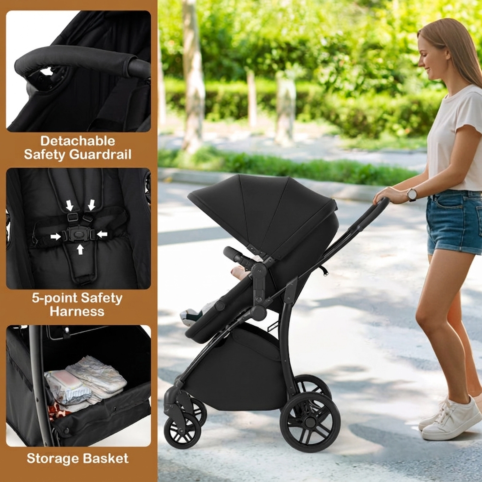 SUGIFT Black 2-in-1 33-lb Capacity High Landscape Baby Stroller with 30-in Bassinet and Reversible Seat