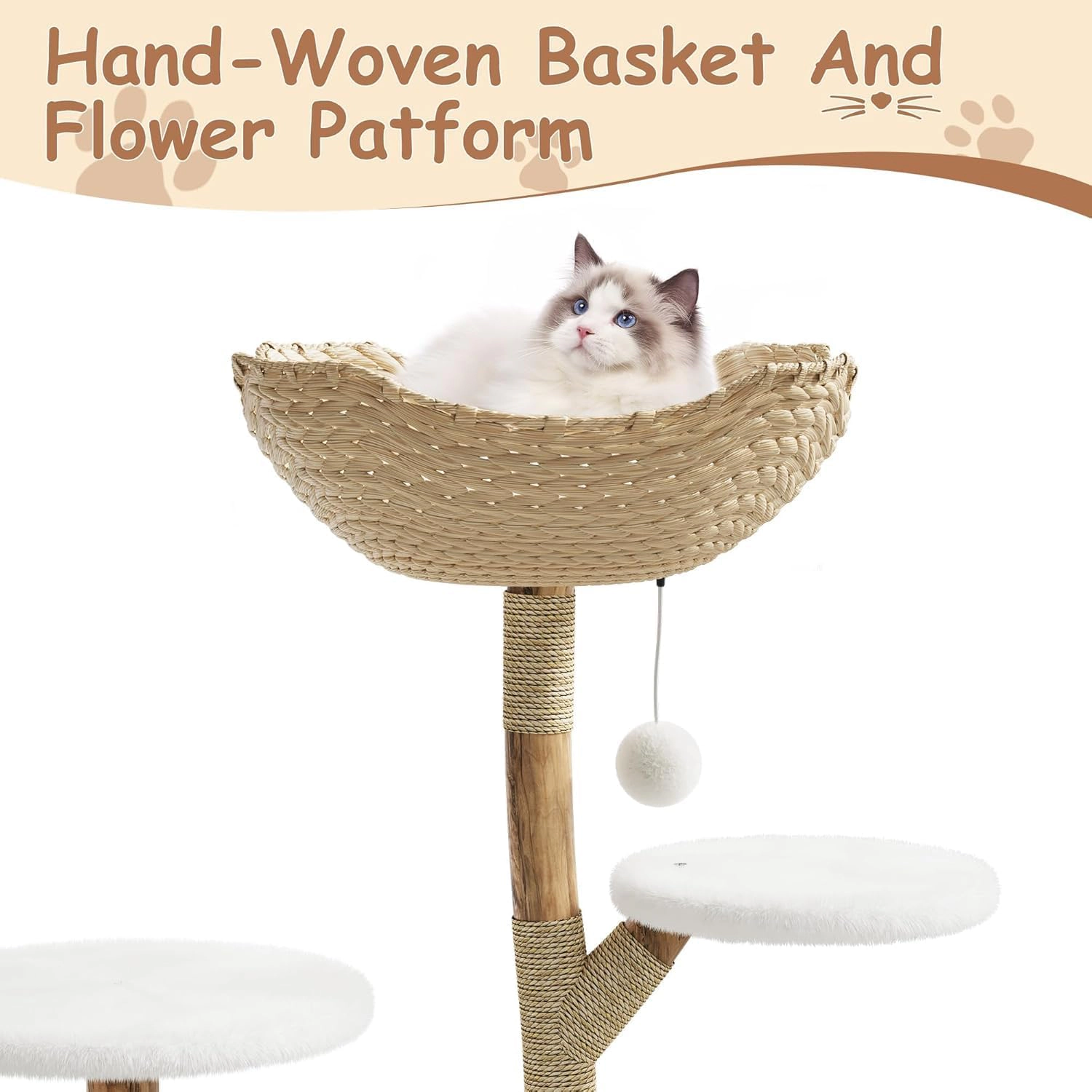 43-Inch Wood-Rattan Cat Tree Tower, Indoor Cat Condo Perch with Natural Wood Branch