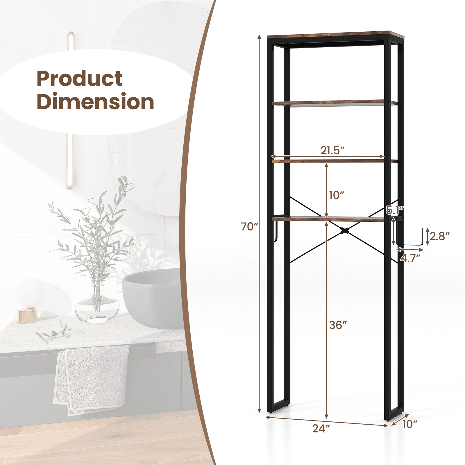 Slickblue Over The Toilet Storage Rack 4 Tier Bathroom Shelf Organizer Metal Wood Unit