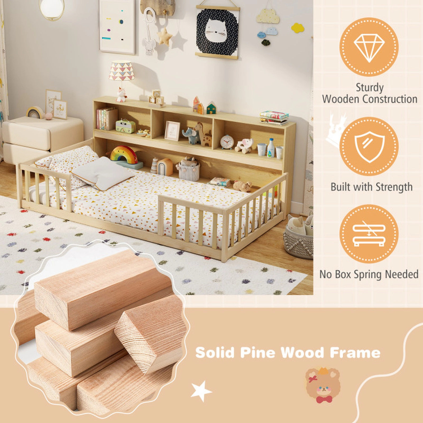 SUGIFT Montessori Floor Bed Integrated 76-in Bookcase & Fence Rails Twin Trundle Bed 44-lb Bookshelf Capacity Gray/White