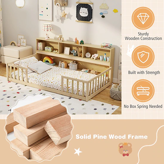 SUGIFT Montessori Floor Bed Integrated 76-in Bookcase & Fence Rails Twin Trundle Bed 44-lb Bookshelf Capacity Gray/White