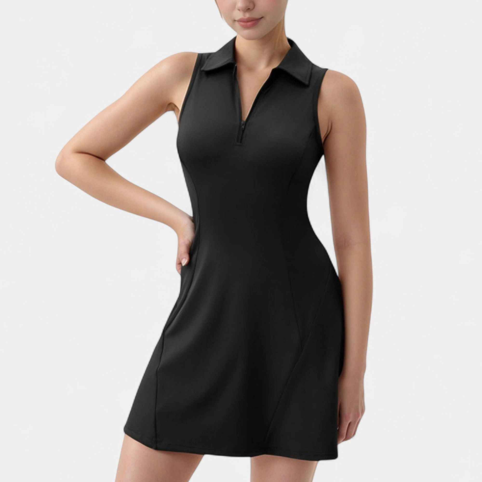 Anna-Kaci Women's Sleeveless Zip-Up Tennis Dress with Collared V-Neck and Flared Hem