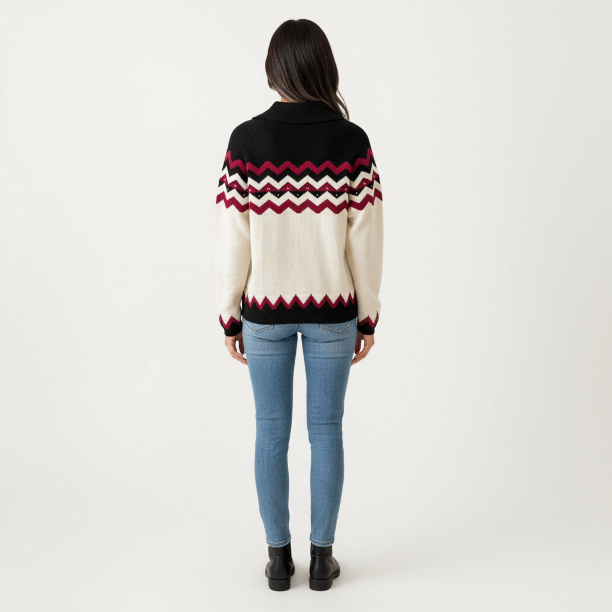 Anna-Kaci Women's Chevron Pattern Split Collar Ribbed Trim Long Sleeve Knit Sweater