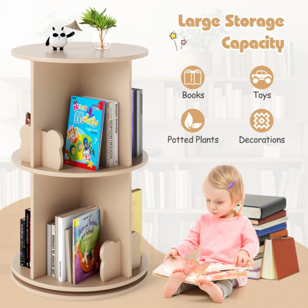 Hivvago 2 Tier Freestanding Kids Rotating Bookshelf Storage Rack with Bear Baffles