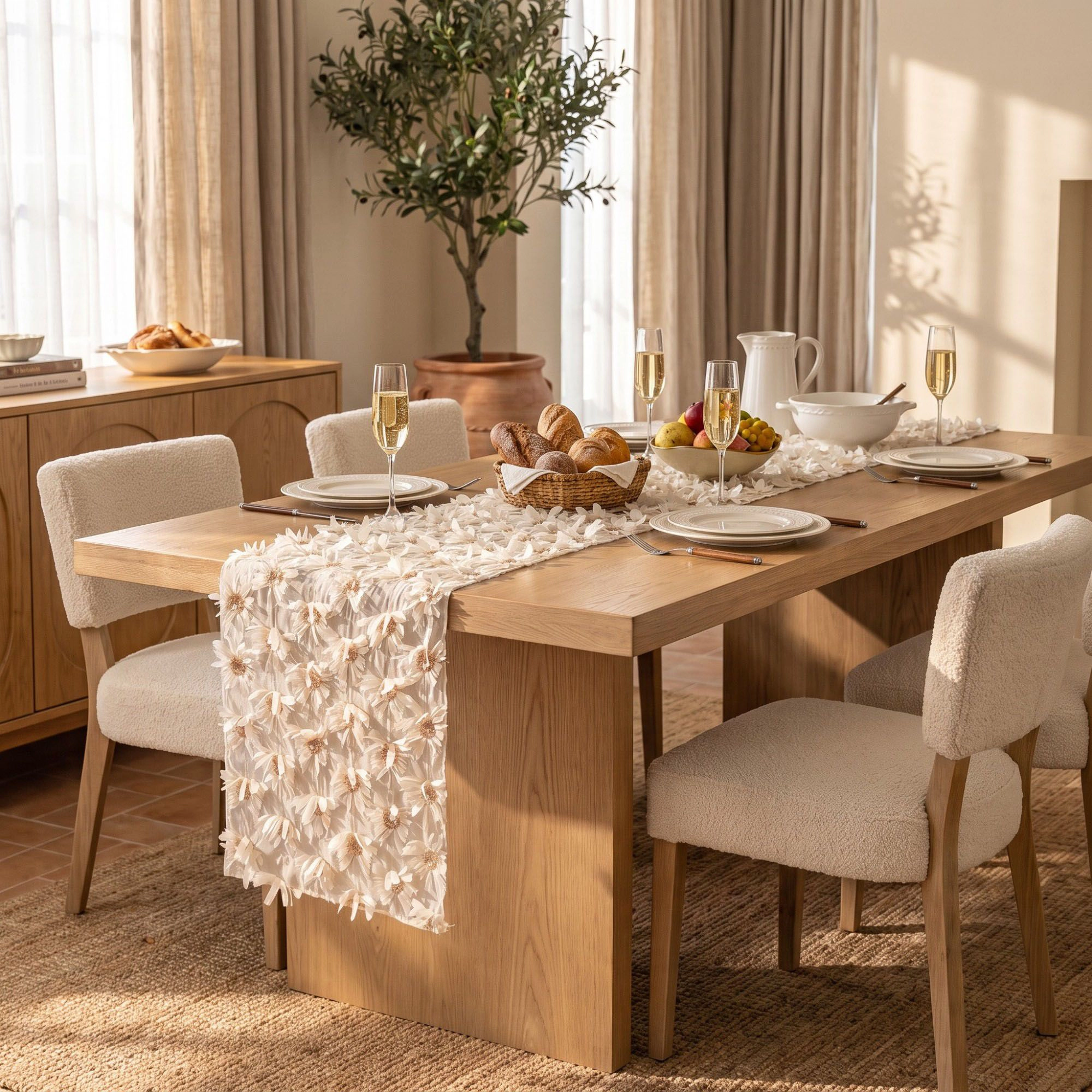 Alilang Unisex Beige 3D Floral Table Runner with Sequin Accents 13.8x47.2in