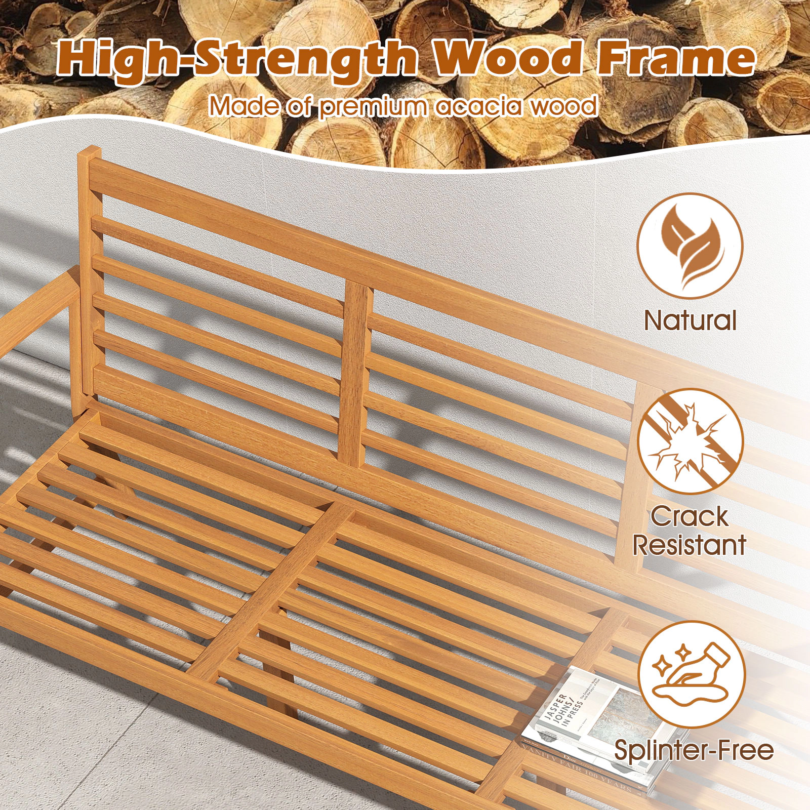 Hivvago Patio 64 Inch Wood Bench with Seat Cushion and Slatted Seat for Backyard
