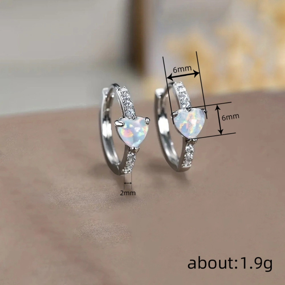 Cute Petite Heart Shaped Simulated Opal Inlay Zirconia Hoop Earring