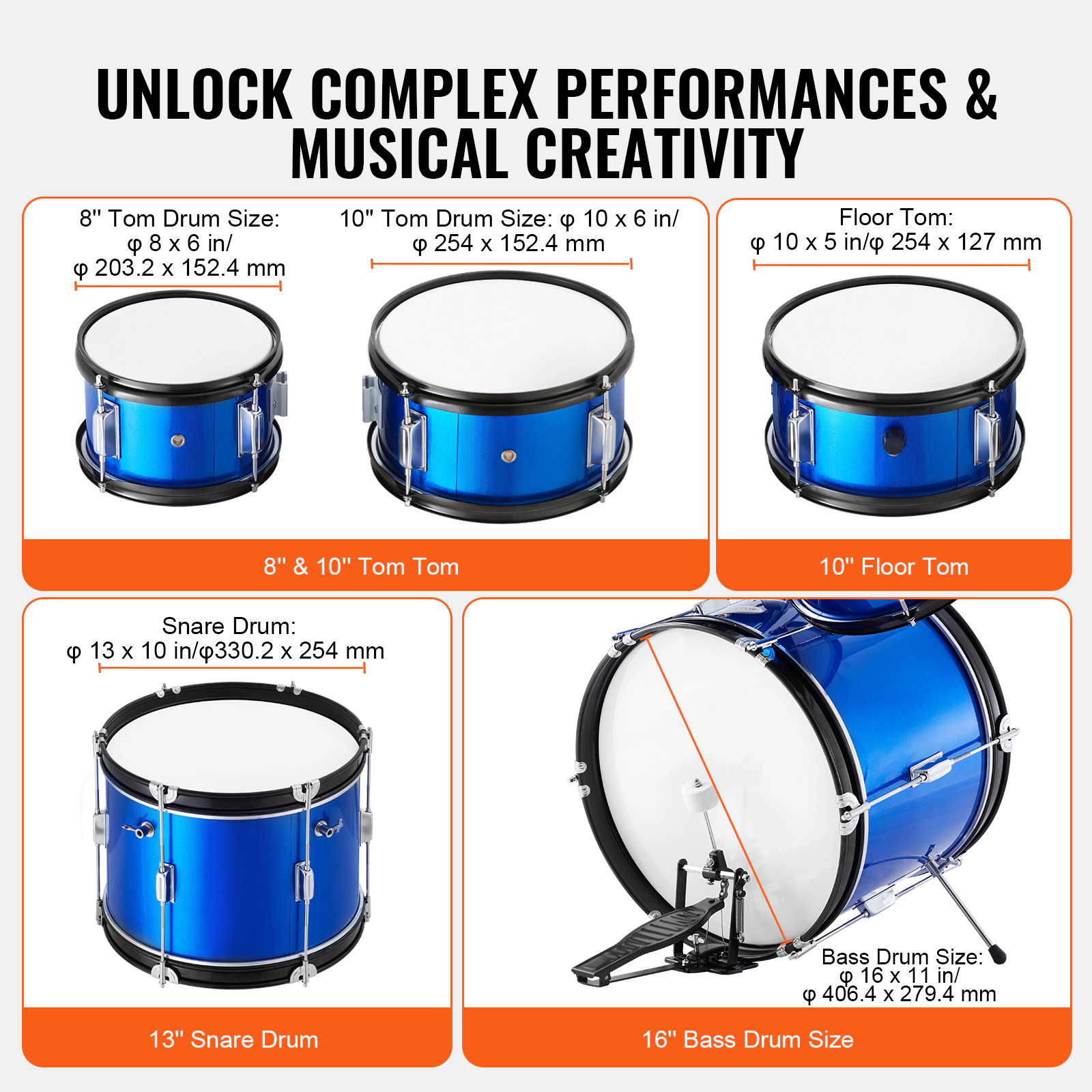HONGGE Kids Drum Set Junior Sets Beginner Drums with Adjustable Throne Cymbal & Two Pairs of Drumsticks