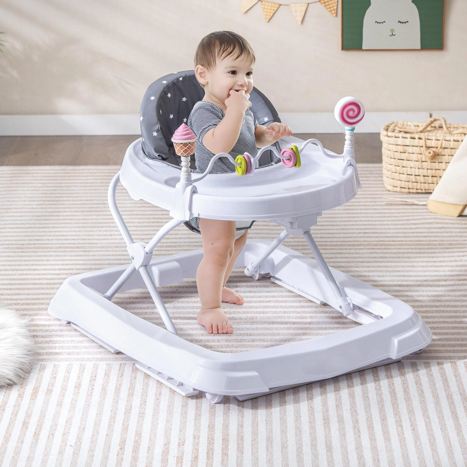 SUGIFT Foldable Baby Activity Walker with Adjustable 3-Level Height 30-lb Capacity Ages 6-36 Months Gray/Pink