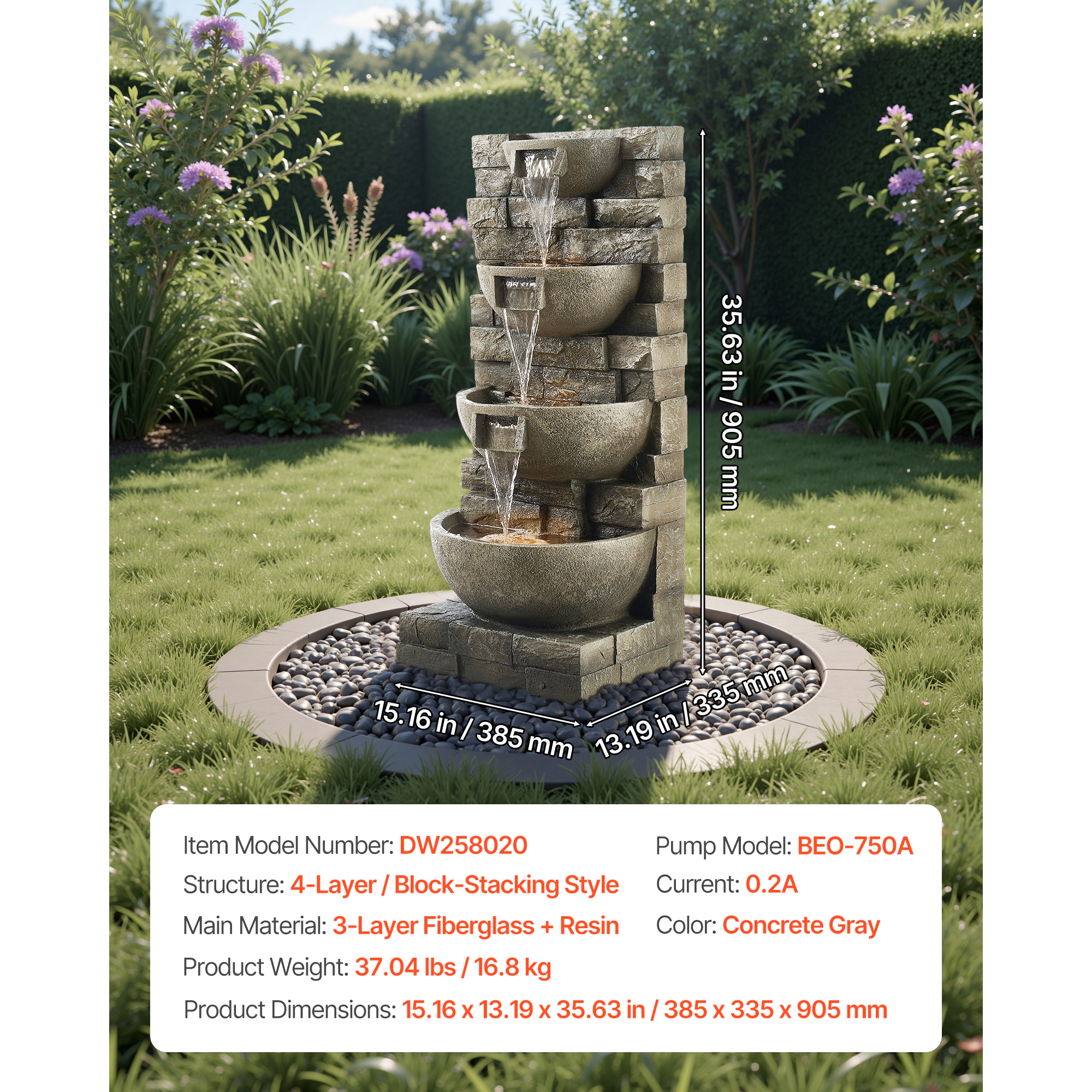 HONGGE Outdoor Water Fountain, Height Fountain and Waterfall, Floor Standing Cascading Fountains with LED Light Pump