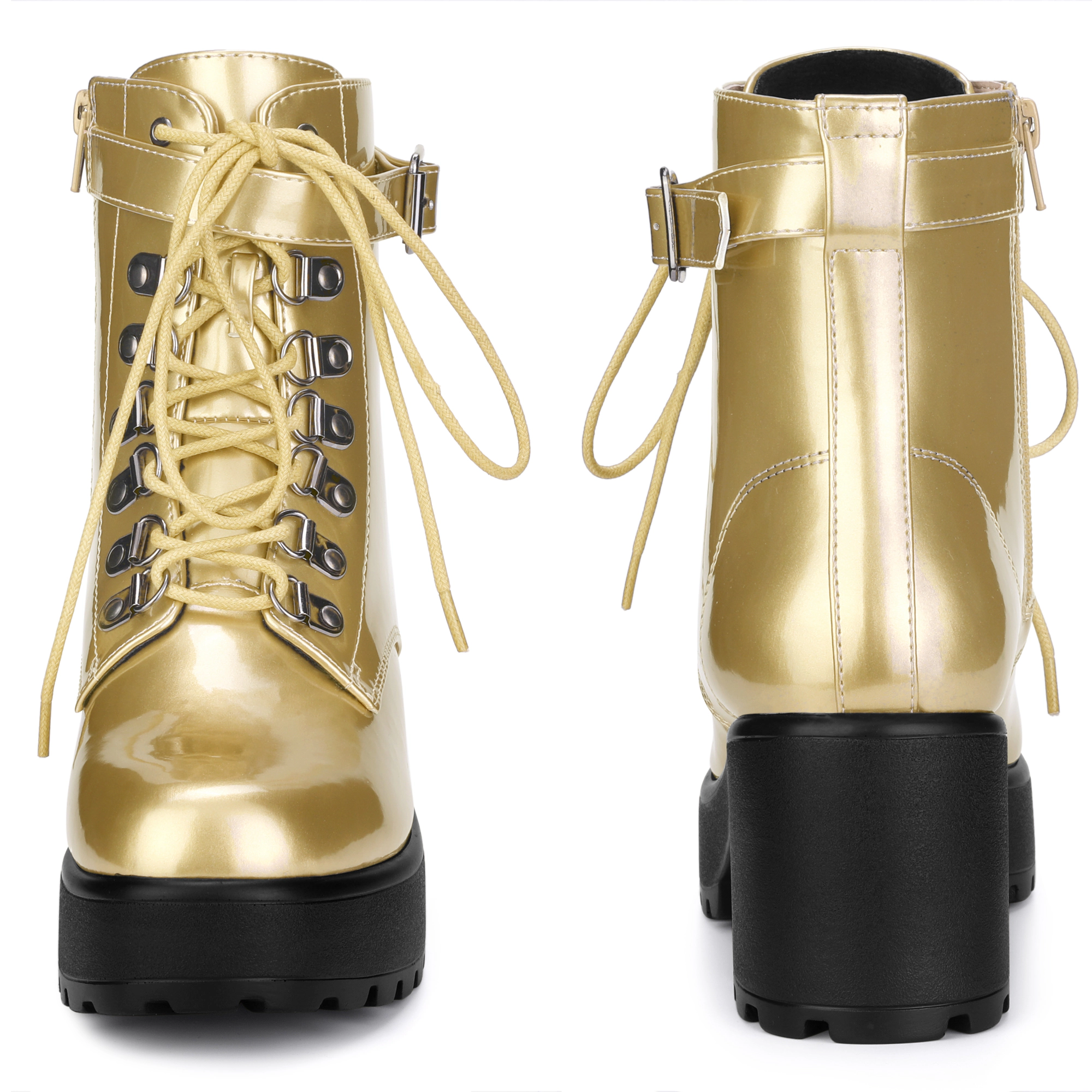 BLISSFUL STEP Women Faux Leather Round Toe Platform Chunky Heels Combat Boots