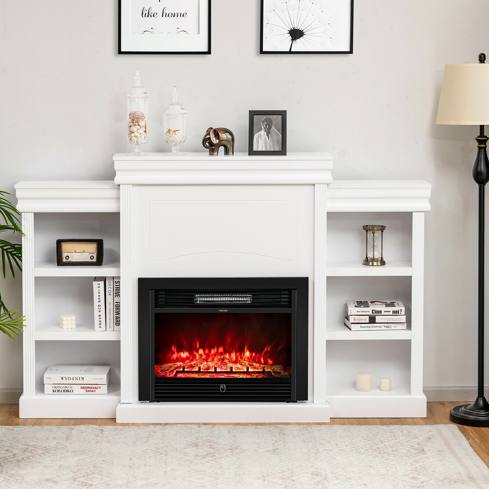 SUGIFT 70-in Modern Fireplace Media Entertainment Center TV Stand Bookcase 44-lb Tabletop Capacity 22-lb Shelf Capacity