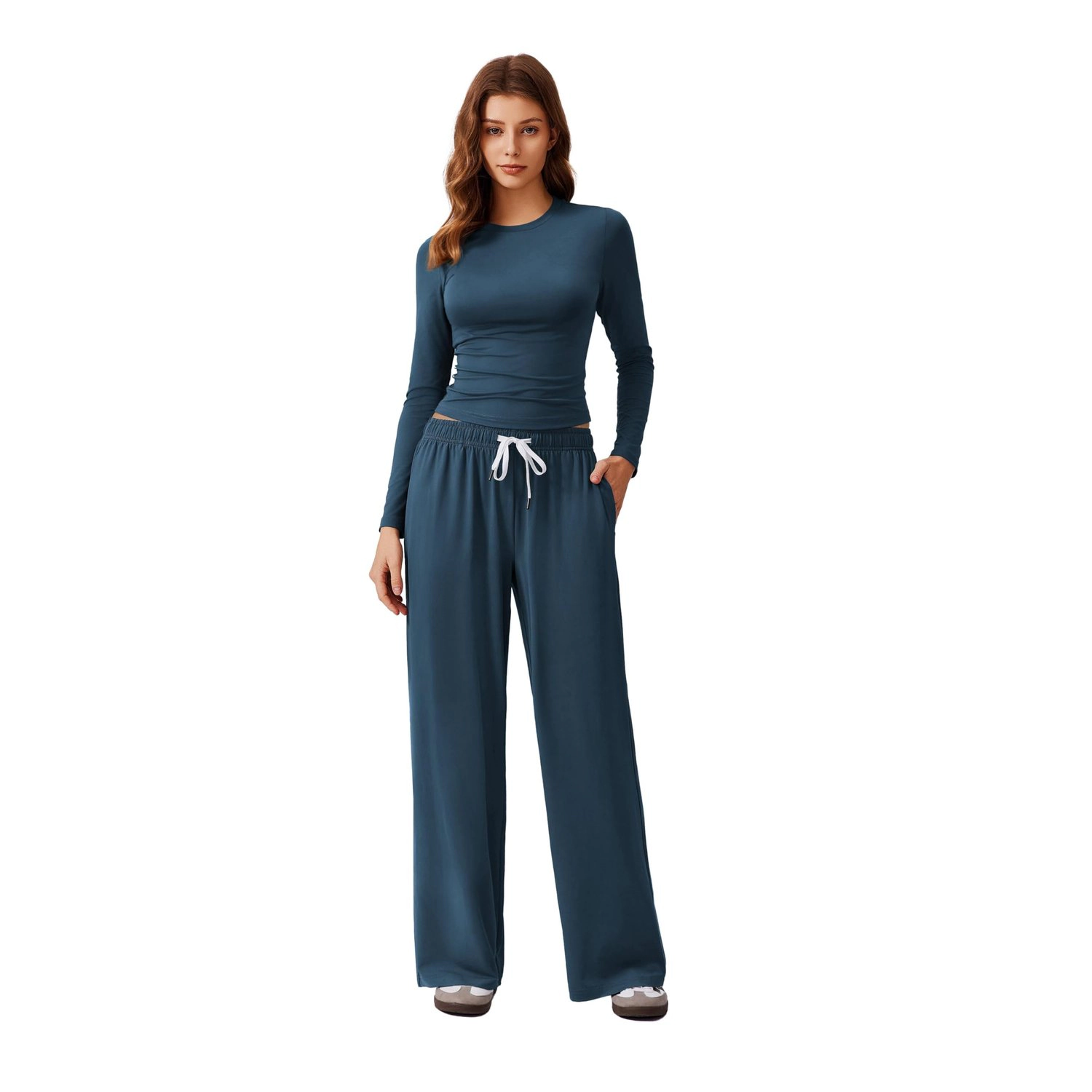 Pinspark Womens Casual Long Sleeve Crop Top Ruched Hem Drawstring Wide Leg Pants Set