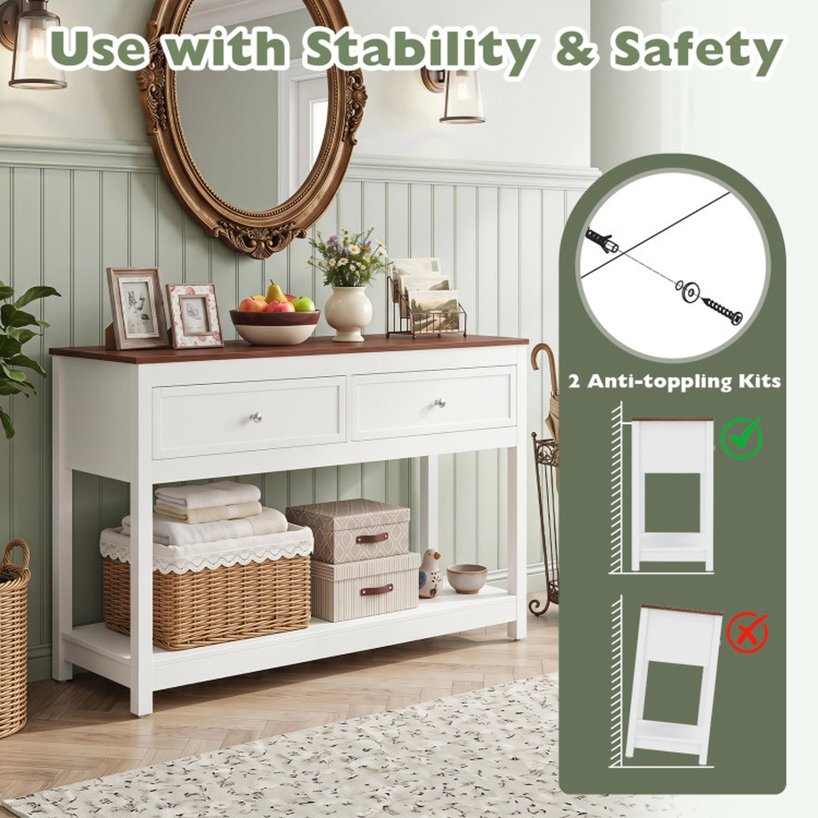 SUGIFT 2 Drawers Open Shelf Brown Wood Grain Top Console Table 47-in x 15.5-in x 29.5-in 165-lb Capacity White