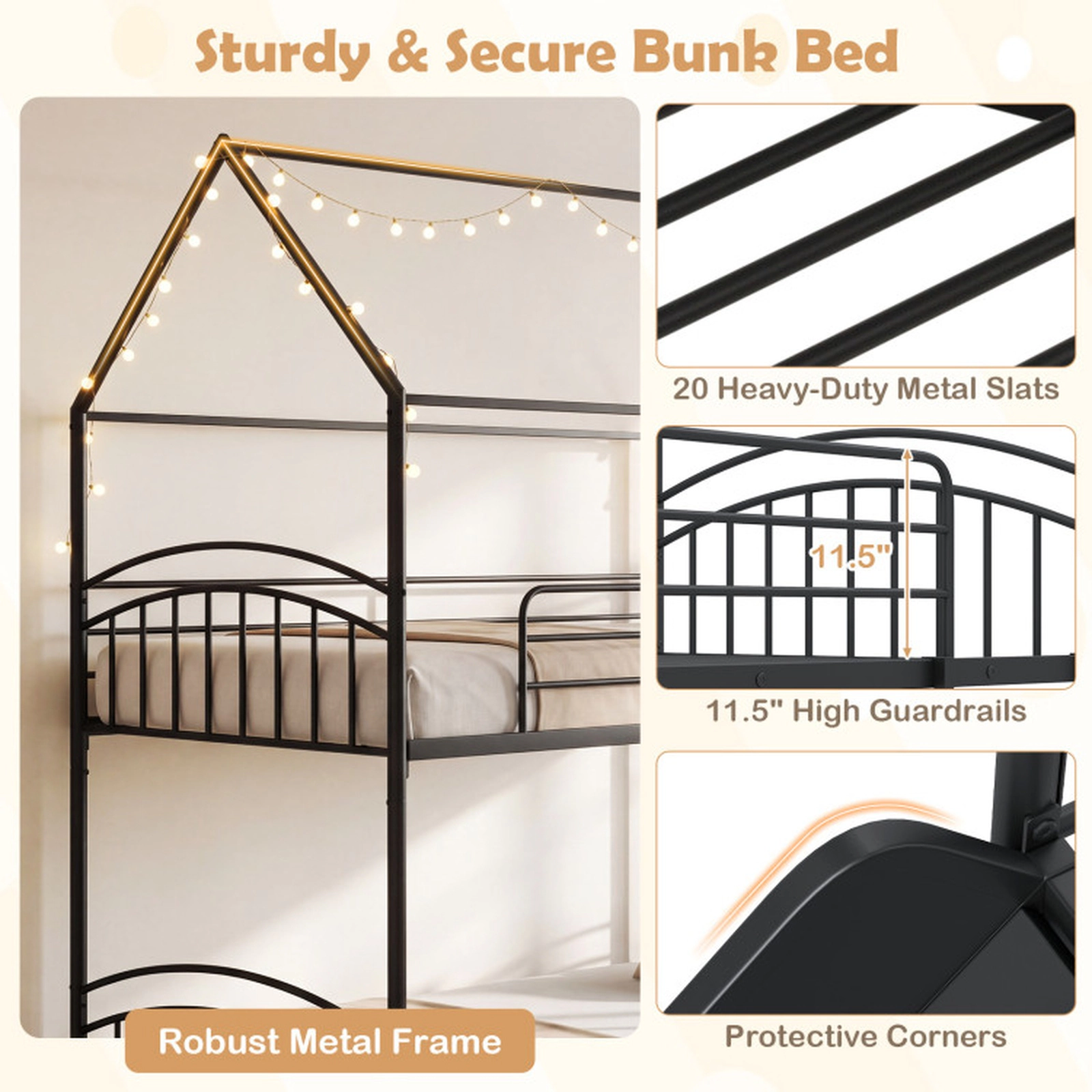 SUGIFT Black 54-in Slide Ladder and Metal Slats Twin Over Twin Kids House Bunk Bed