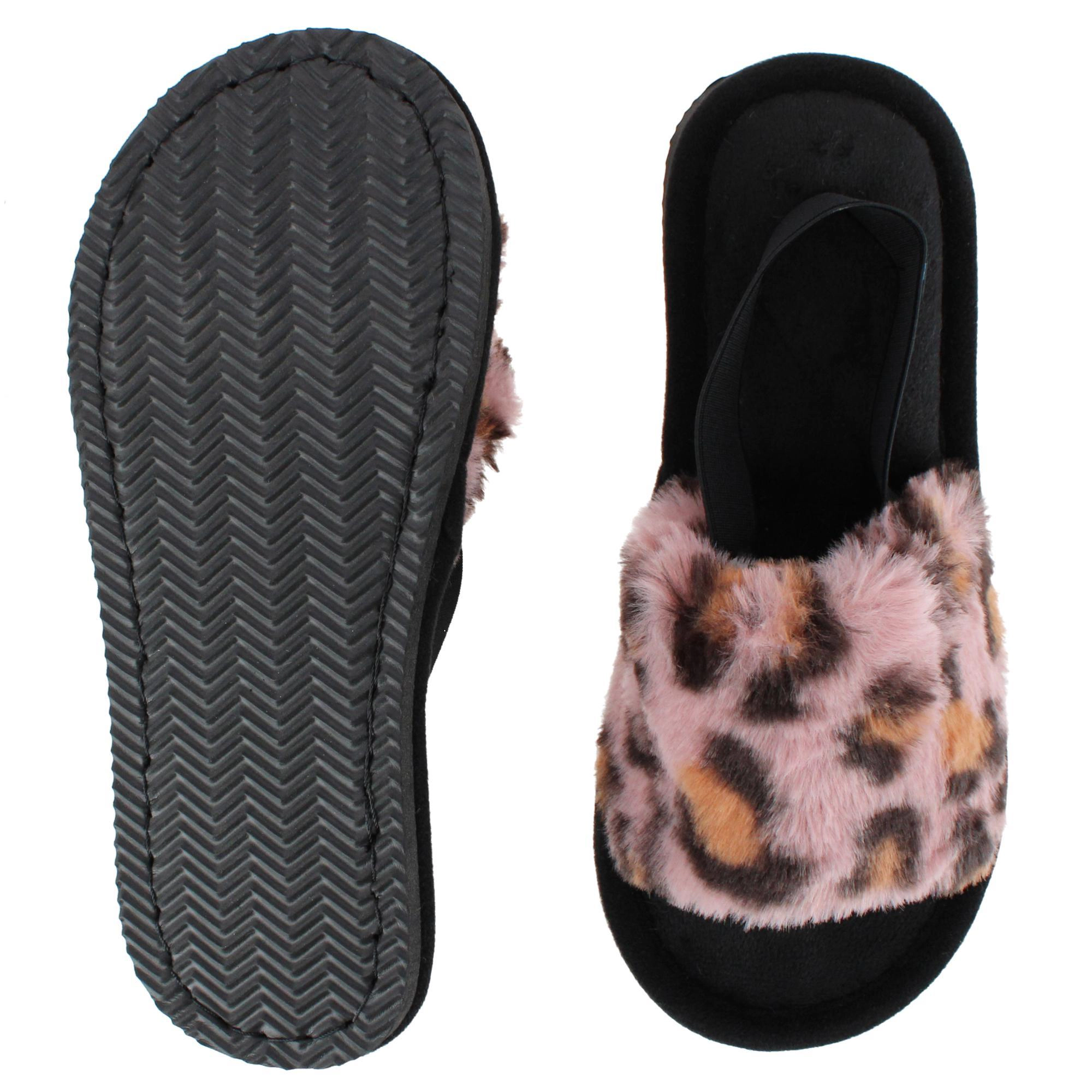 CTM Women's Cozy Leopard Plush Open Toe Slippers with Back Strap
