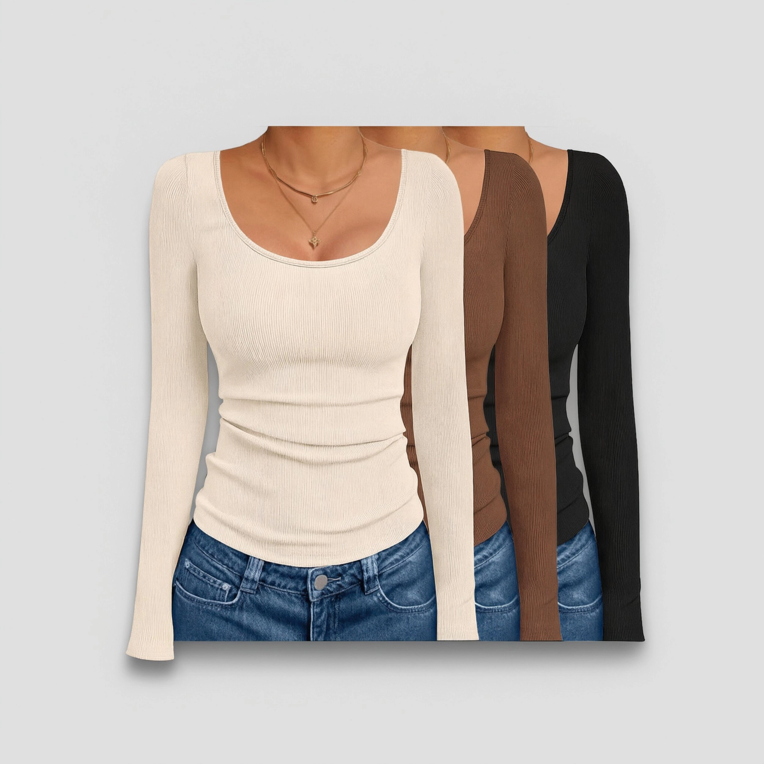 Ekouaer Women's Scoop Neck Long Sleeve Ribbed Slim Fit T-Shirt