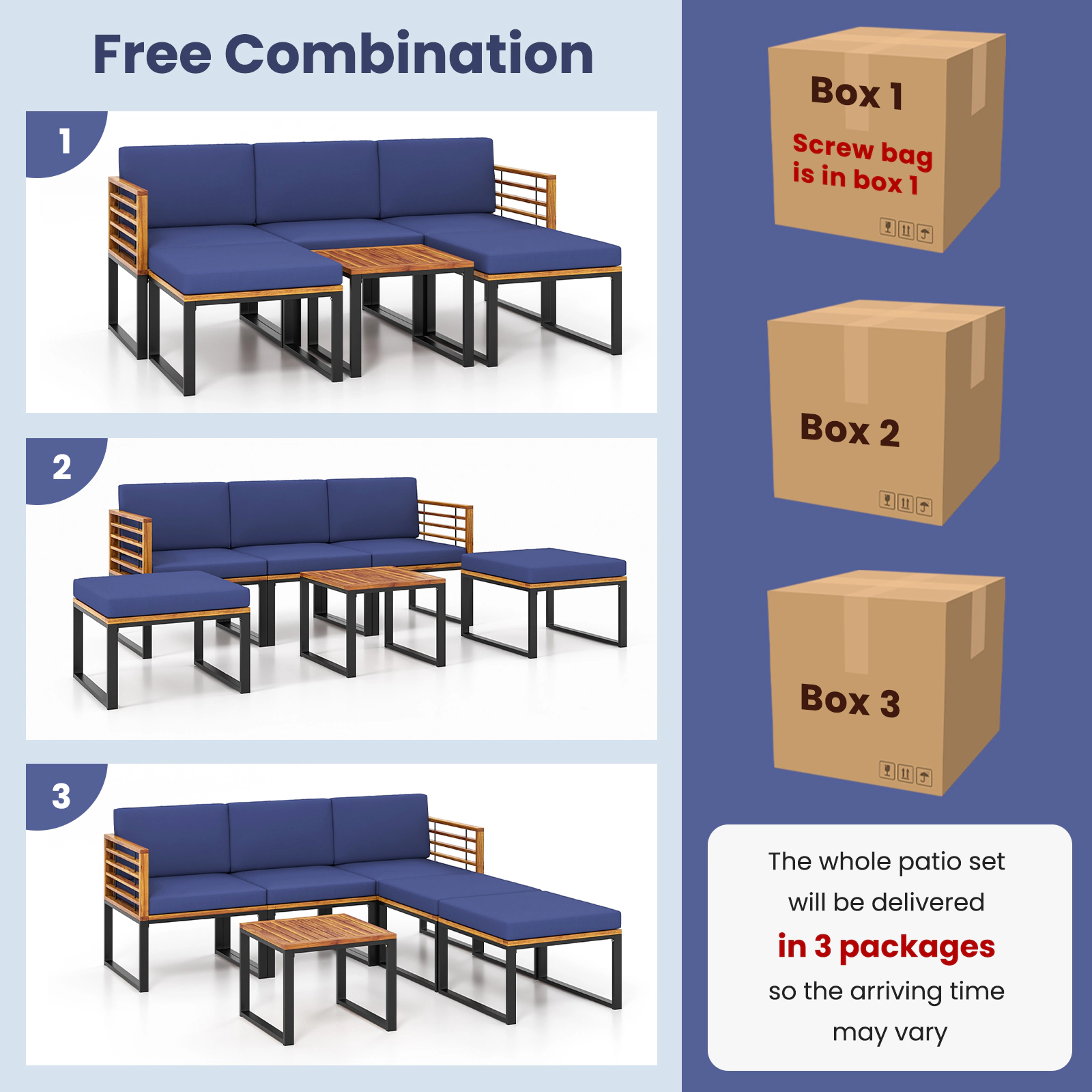 SUGIFT 6-Piece 400-lb Seat Capacity Navy Acacia Wood Patio Sectional Sofa Set with 2 Ottomans and Table