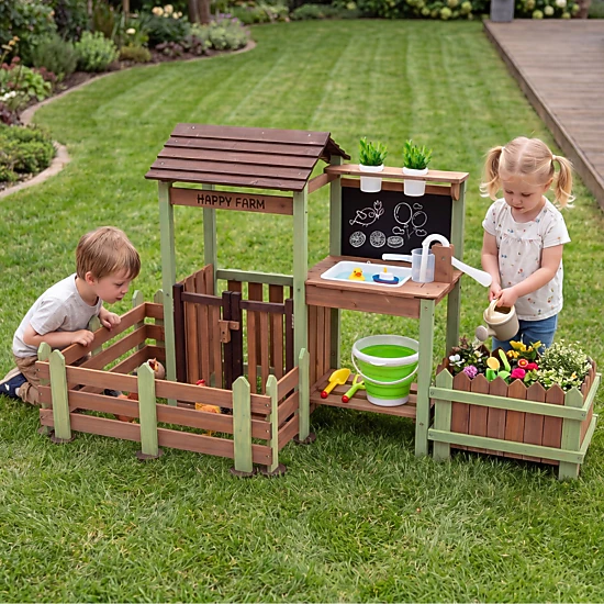 Kids Mud Farm Playset Outdoor Raised Planter Box Lockable Animal Yard Running Faucet 65-in x 27-in x 35-in Fir Wood
