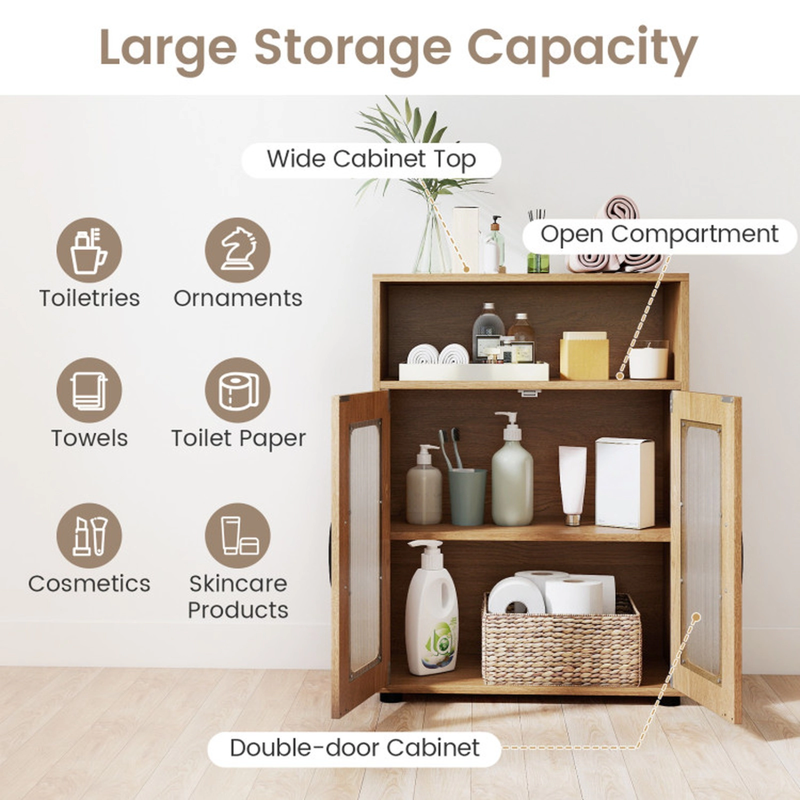 SUGIFT 2-Door 3-Level Adjustable Shelf Freestanding Bathroom Cabinet 24-in x 12-in x 33-in 155-lb Capacity Natural