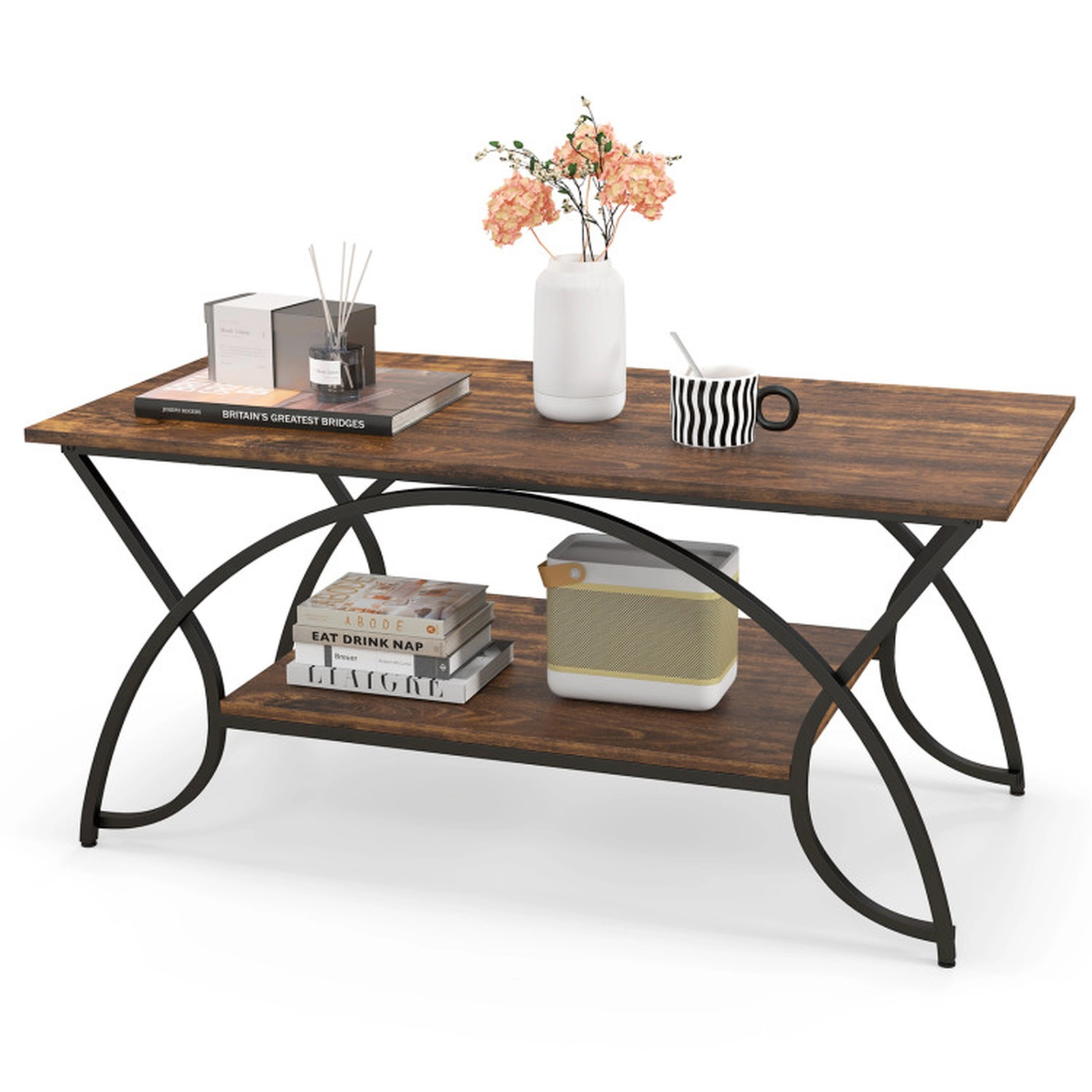 SUGIFT 2-Tier Arched Steel Frame Wood Grain Top Coffee Table 39.5-in x 19.5-in x 18-in 110-lb Capacity Rustic Brown