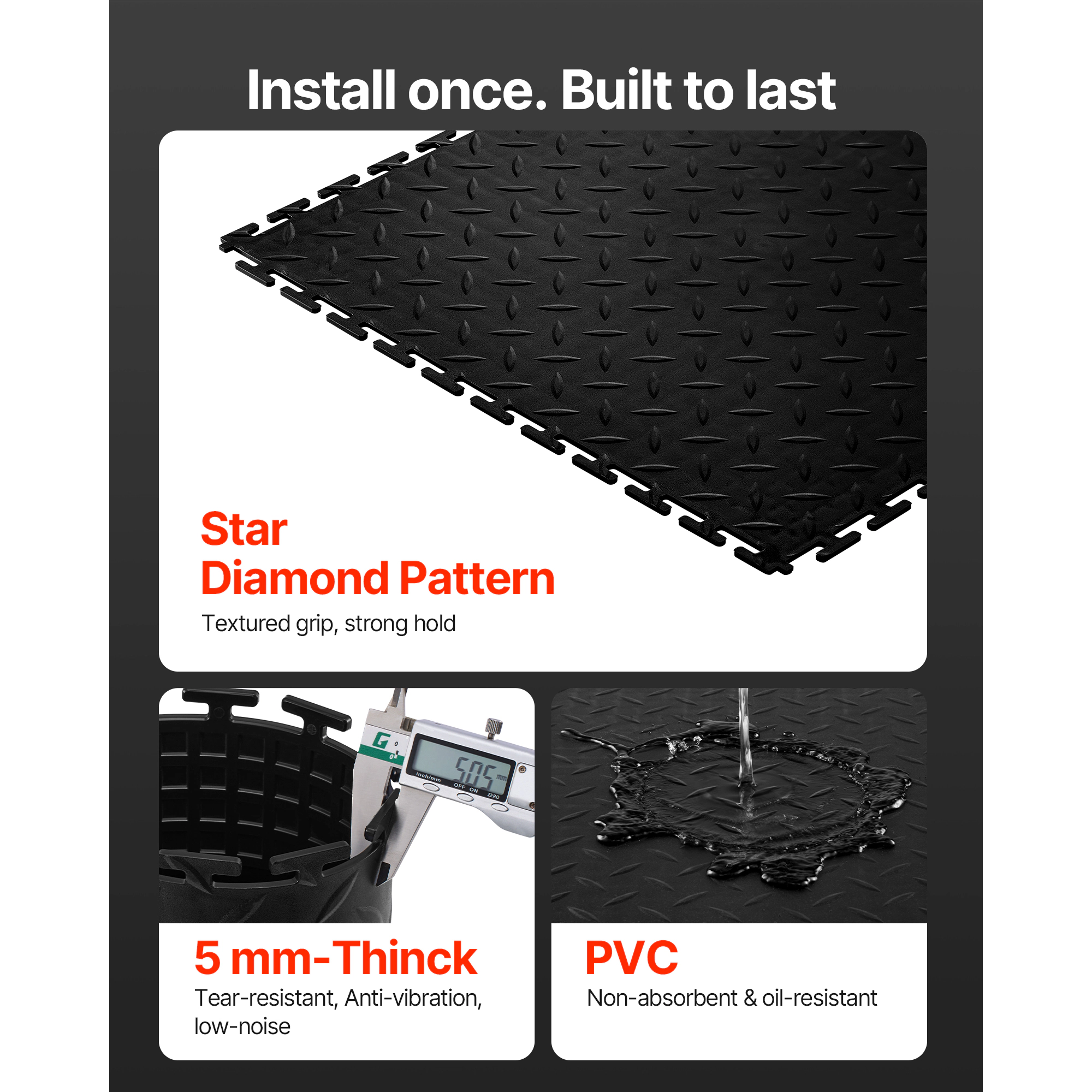 HONGGE Garage Floor Tiles Interlocking 20.2 x 20.2 x 0.2 in Interlocking Modular Garage Flooring Tiles Diamond Plate