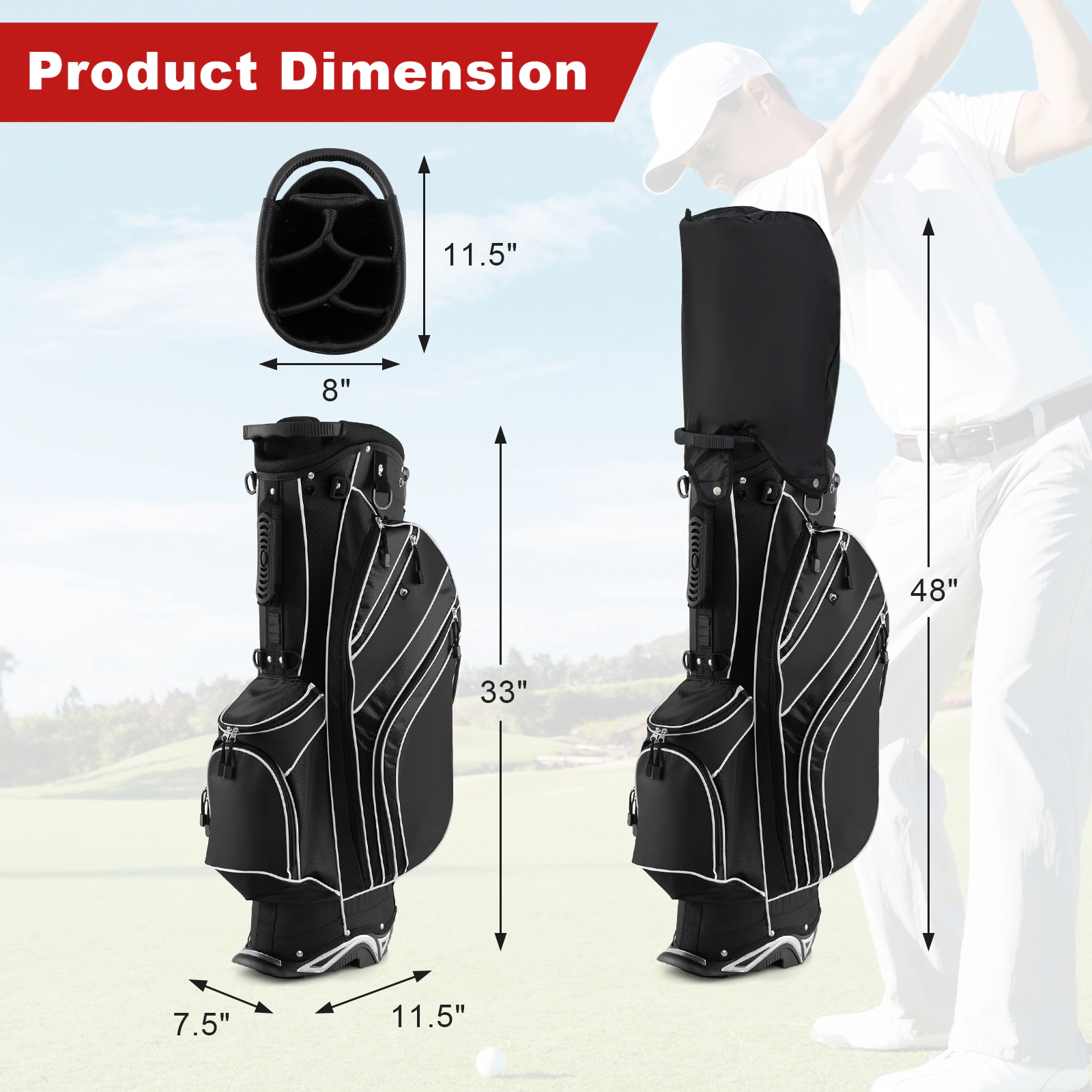 Golf Carry Stand Bag 6-Way Top 8 Pockets Self-Deploying Legs Padded Straps 32.5-in Black Lightweight Golf Bag