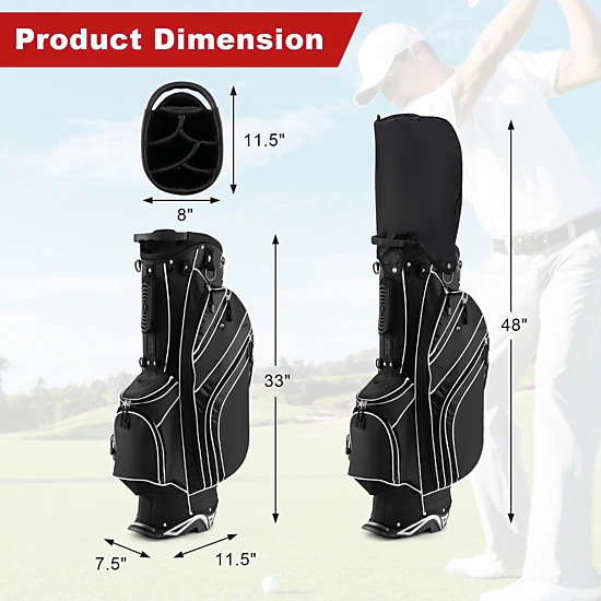 Golf Carry Stand Bag 6-Way Top 8 Pockets Self-Deploying Legs Padded Straps 32.5-in Black Lightweight Golf Bag