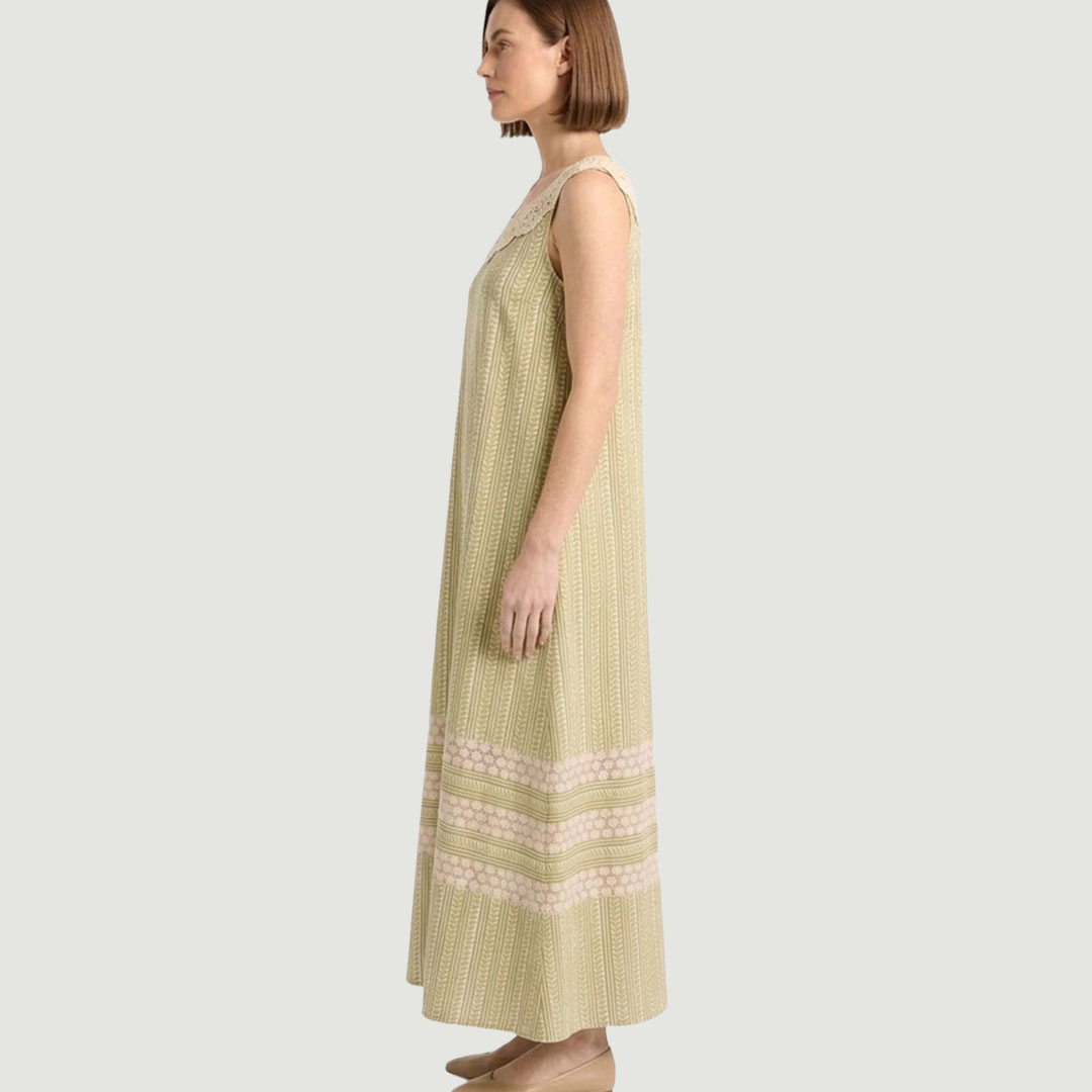 Artyska Women's Boho Printed Sleeveless Lace Yoke with Pockets Maxi Dress