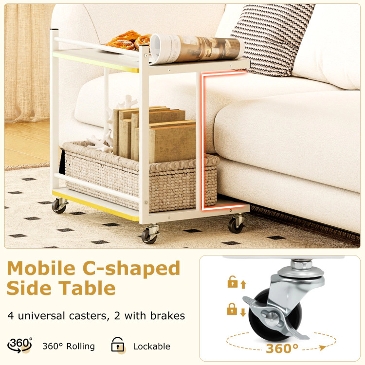 Hivvago Mobile Side Table 2-Tier Rolling End Table With Open Shelves & Golden Trimmed Edges