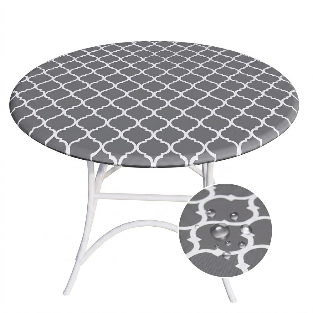 Technopliance Waterproof Fitted Round Vinyl Tablecloth 36 to 44 Inch Grey Moroccan