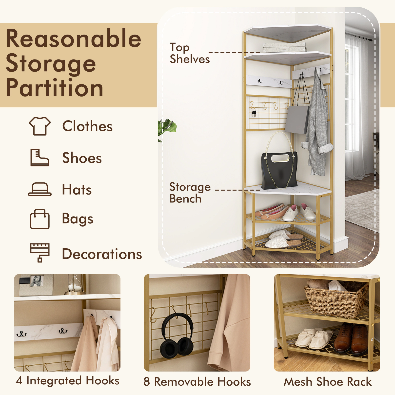 SUGIFT 5-Tier Corner Hall Tree White with Shoe Storage Bench and 8 Removable Hooks
