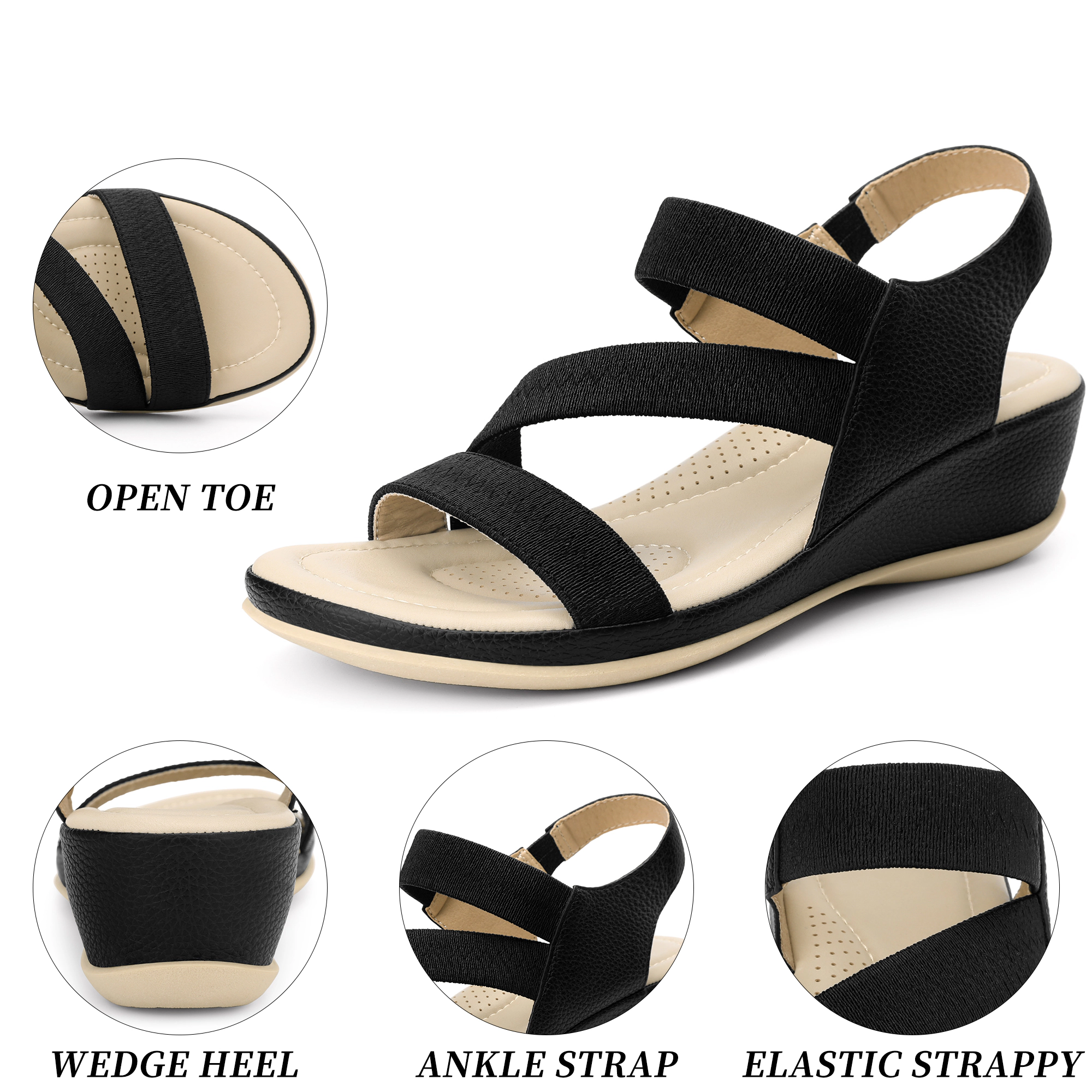 BLISSFUL STEP Women Walking Elastic Strappy Wedge Heel Sandals