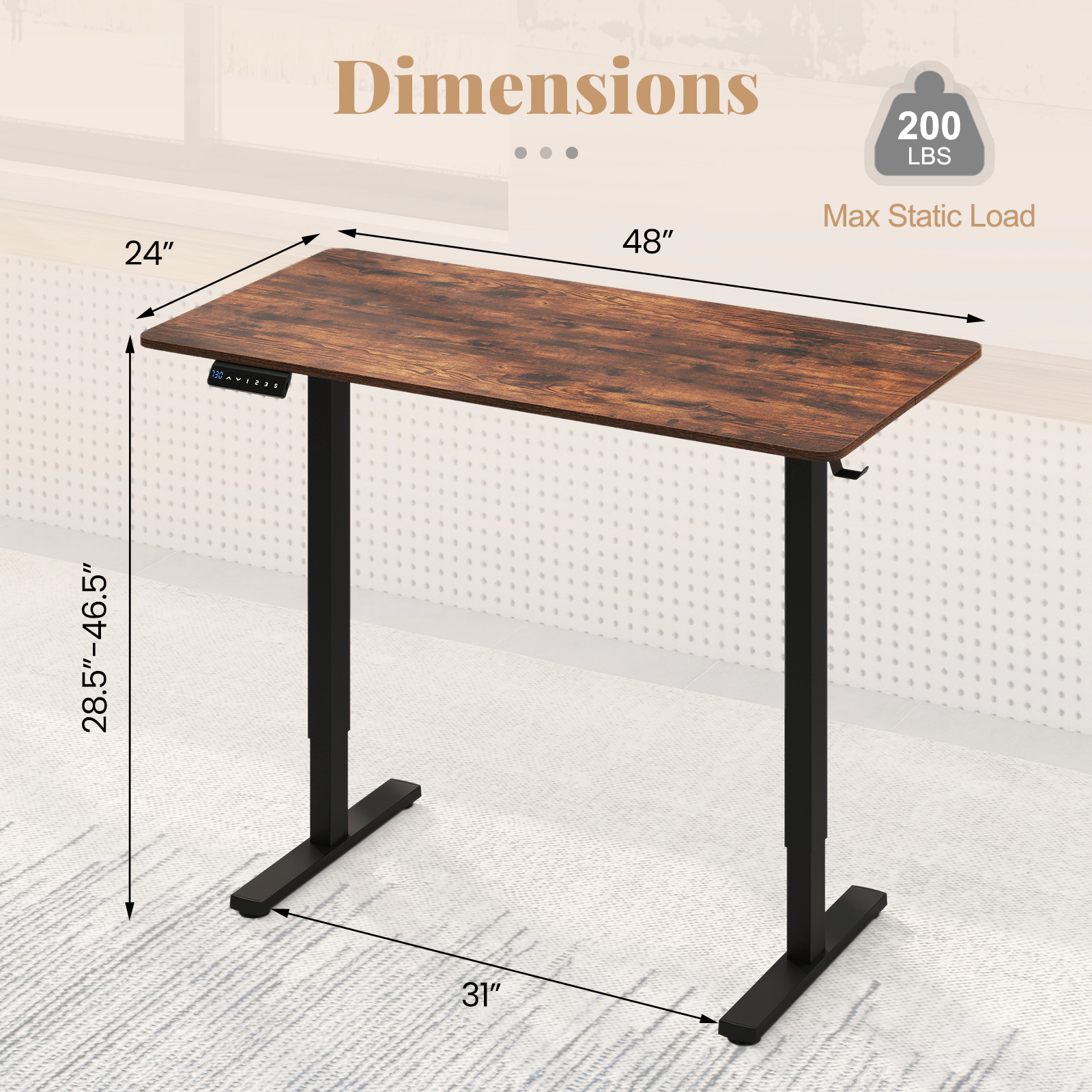 SUGIFT Ergonomic Electric Standing Desk 200-Lb Capacity with 3 Memory Settings and Digital Display Rustic Brown/Black
