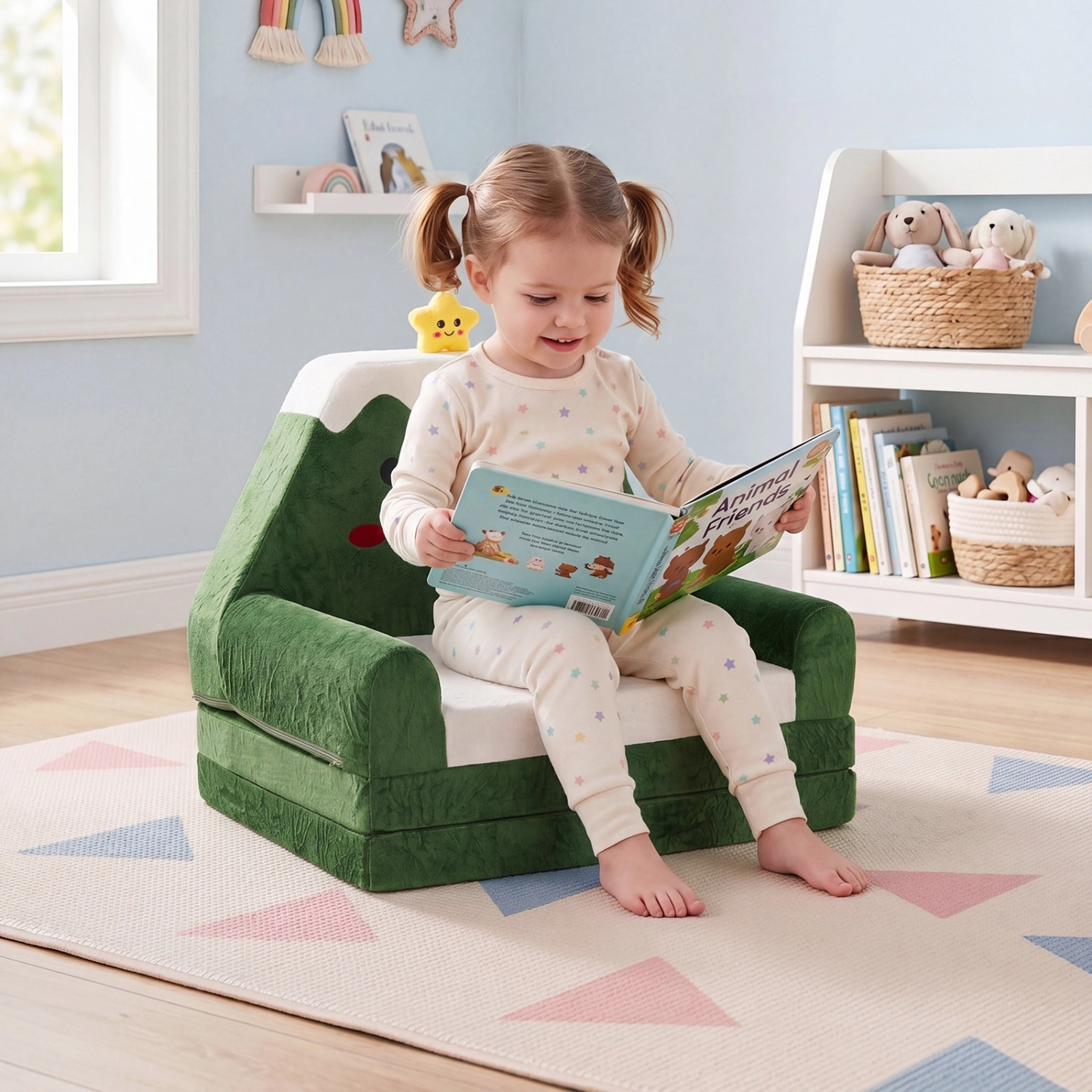 SUGIFT 2-in-1 Convertible Kids Sofa to Lounger Ages 18-36 Months Green Yellow White