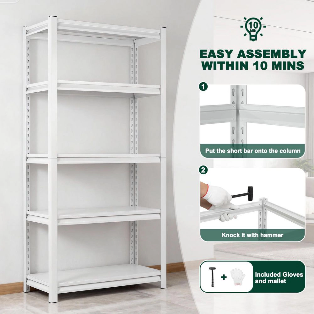 Flynama 5-Tier Freestanding Household Shelving, Heavy Duty Steel, Adjustable, White (31.5"W x 63"H x 15.7"D)