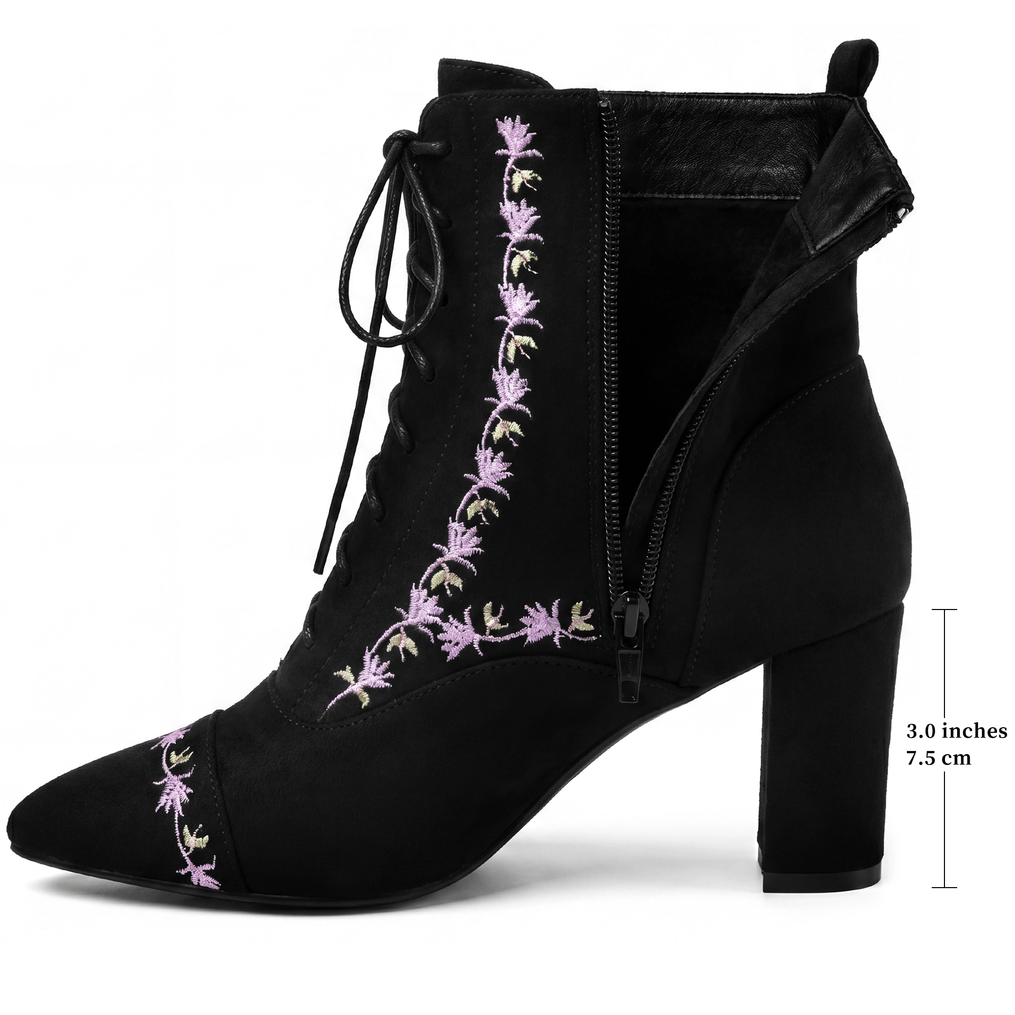 BLISSFUL STEP Embroidered Lace-Up Pointed Toe Block Heel Vintage Ankle Boots for Women
