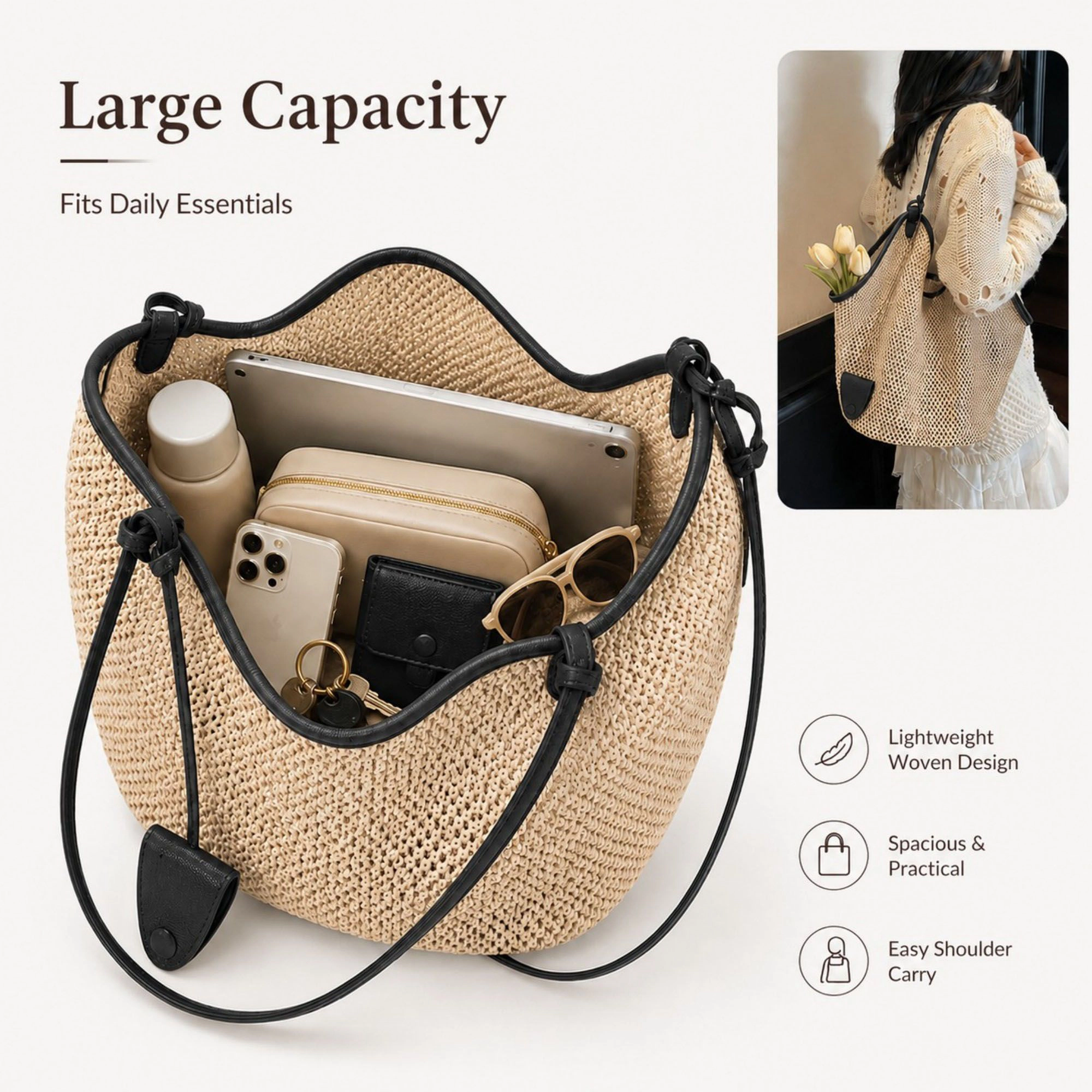 Alilang Women's Woven Straw Style Tote Bag Large Capacity Shoulder with Faux Leather Trim