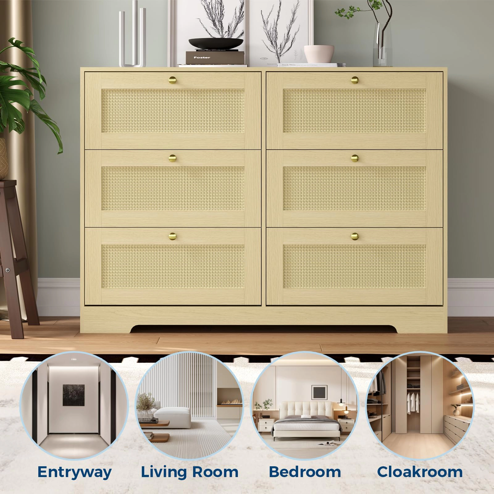 Rattan 6 Drawer Dresser, Modern Boho Wooden Storage Chest with Metal Handles for Bedroom