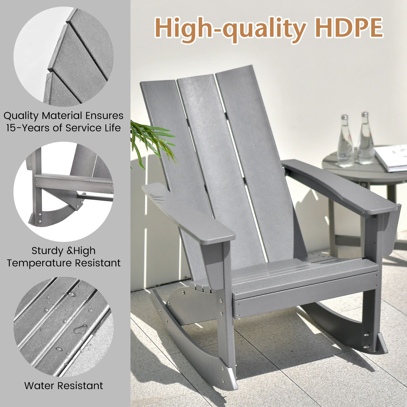 SUGIFT Curved Back Adirondack Rocking Chair with 16-in Seat Height 330-lb Capacity 1-Piece Gray