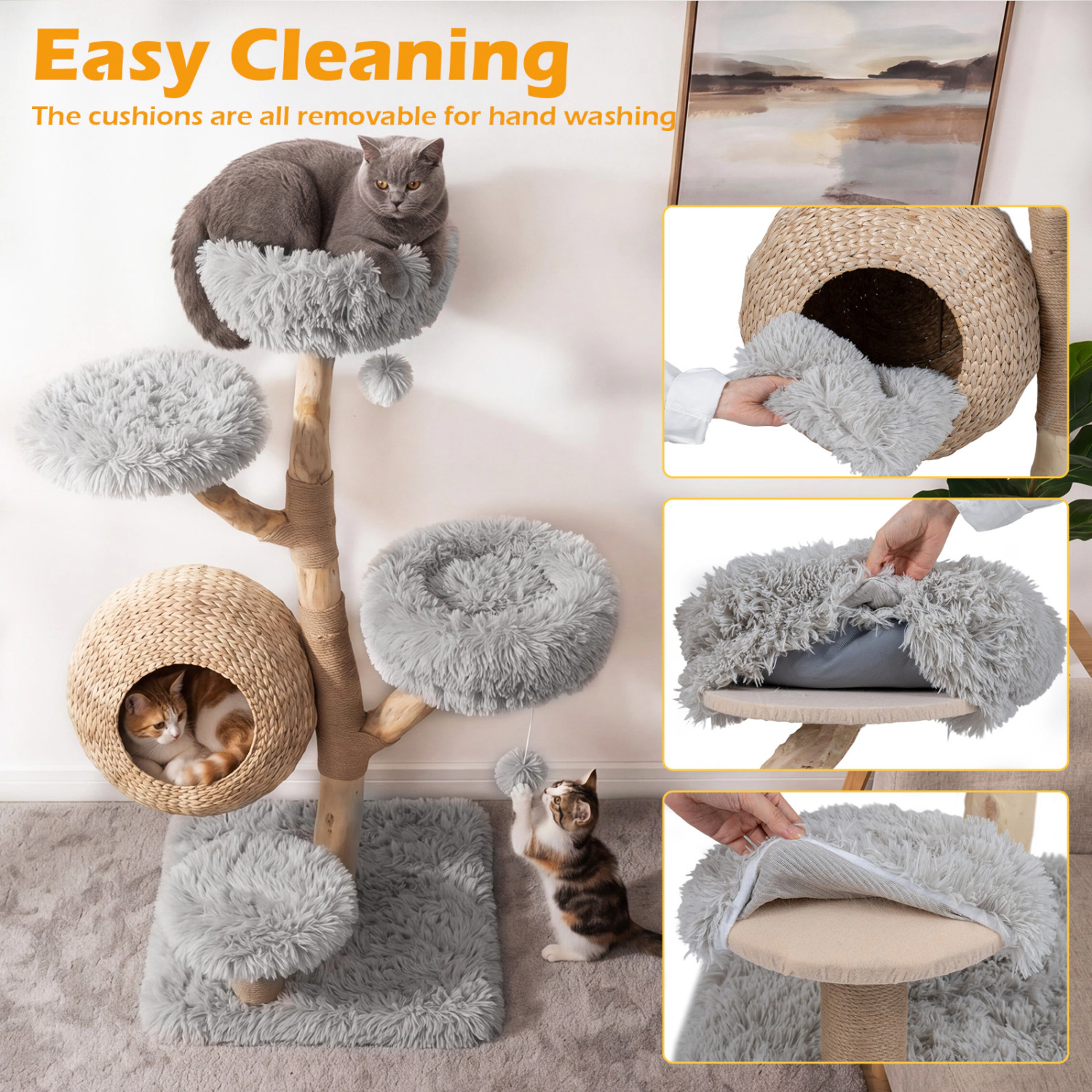 LJG 5-Tier Wooden Cat Tree with Woven Condo Plush Perches Jute Posts & Balls