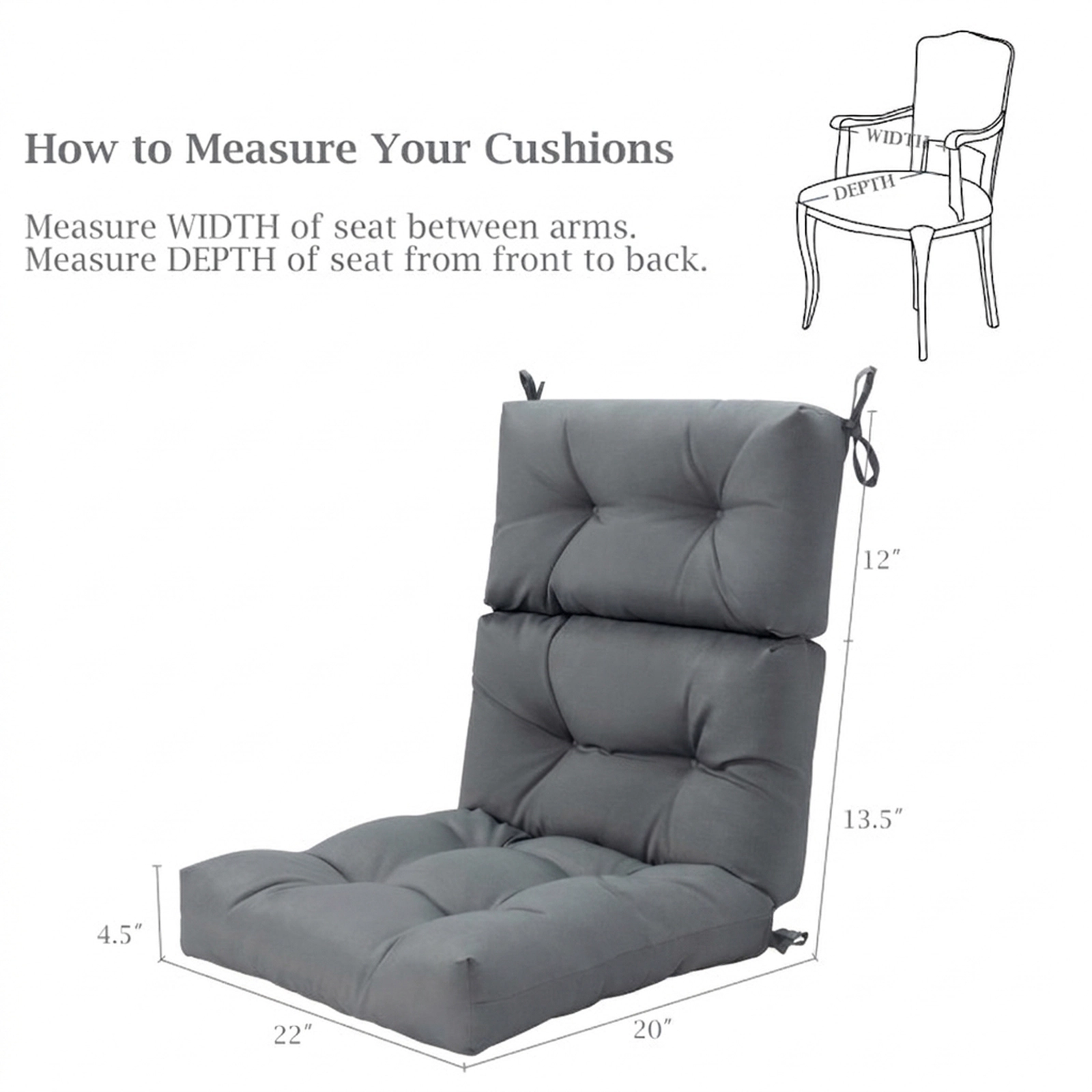 SUGIFT Set of 2 Gray High Back Outdoor Chair Cushions with 3 Adjustable Heights 45.5-in W 22-in D 4.5-in H