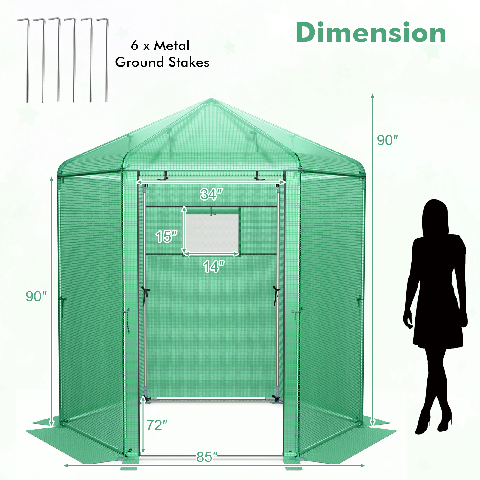 SUGIFT Walk-In Hexagonal Greenhouse Green 85 x 72 x 90 in with PE Cover and Metal Frame
