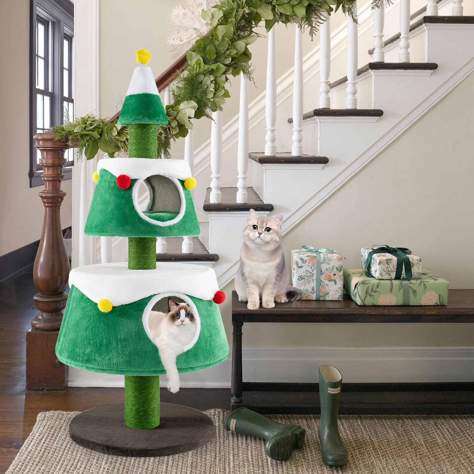 SUGIFT Green 60 in Christmas Cat Tree Holiday Tower with 2 Spacious Condos