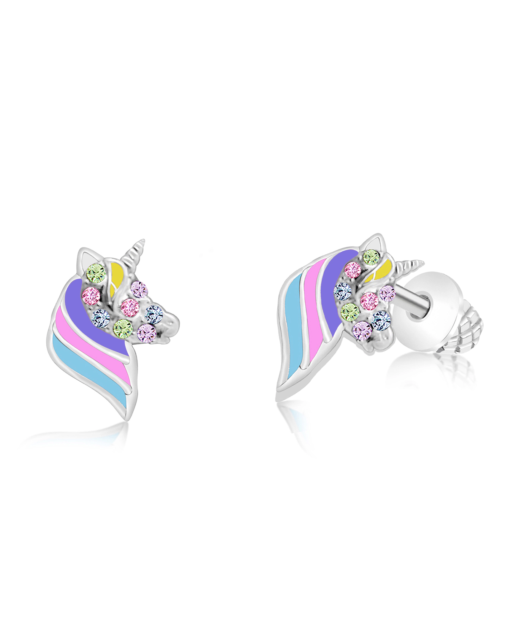 CHANTEUR Girls Unicorn Enamel Crystal Stud Earrings - White Gold Palladium Plating, Surgical Steel Posts, Screw Back