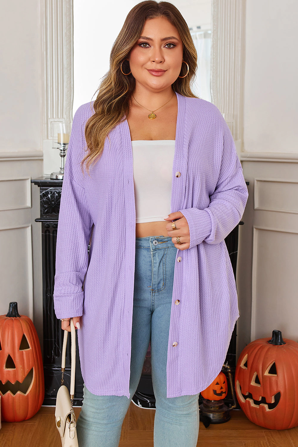 Threaded Pear Women's Rosie Waffle Knit Front PLUS Cardigan